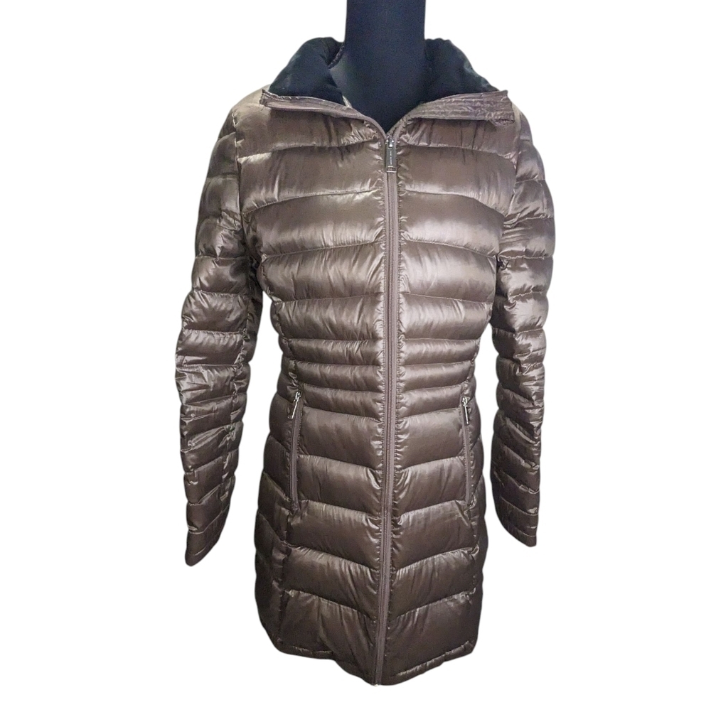 Anthony Marc Bronze Puffer Jacket With Faux Fur Collar Car Coat Length Size M